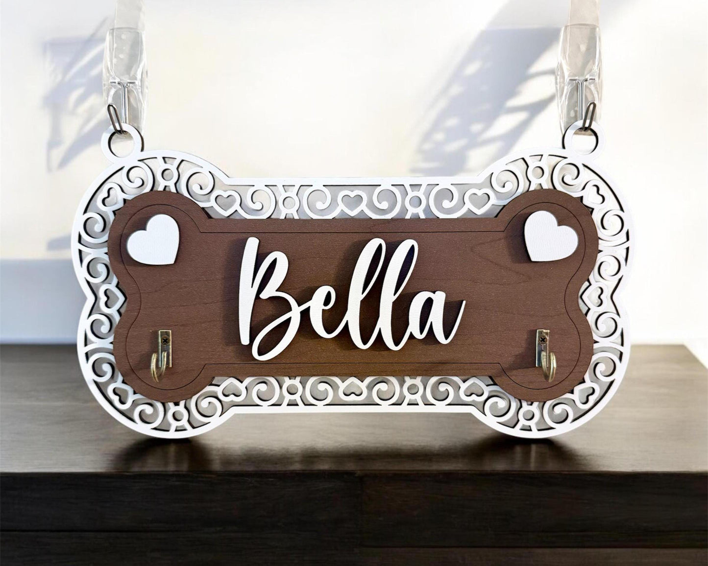 Personalized Dog Leash Holder, 2 Layer Plywood with Heart Frame Design & 2 Hooks, Custom Dog Name Wall Organizer