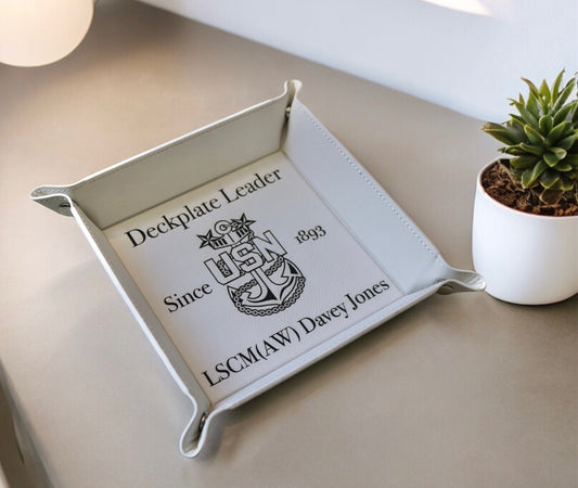 Navy Chief Catchall Tray, Personalized Leatherette Snap Up Valet Tray with Silver Snaps, Senior Chief, Master Chief, Custom Rank and Name