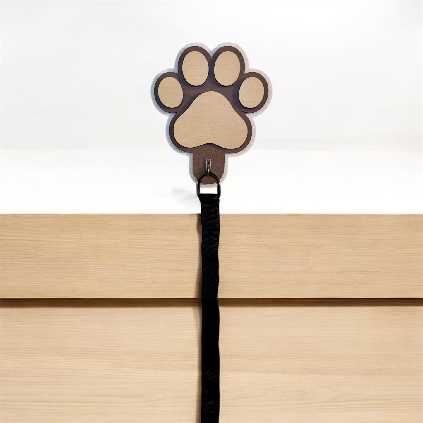 Dog Paw Leash Holder, 4 Layer Maple Plywood Wall Mount with Hook for Leashes, Collars & Bags, Pre Drilled, Linen, Oak, and Maple Finish.