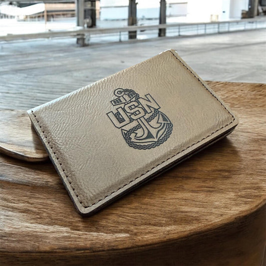 Navy Chief ID Card Holder Key Chain, Custom Engraved Leatherette, Personalized Military Gift for Chief's and Sailors.