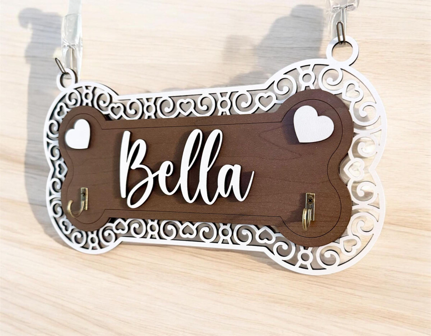 Personalized Dog Leash Holder, 2 Layer Plywood with Heart Frame Design & 2 Hooks, Custom Dog Name Wall Organizer