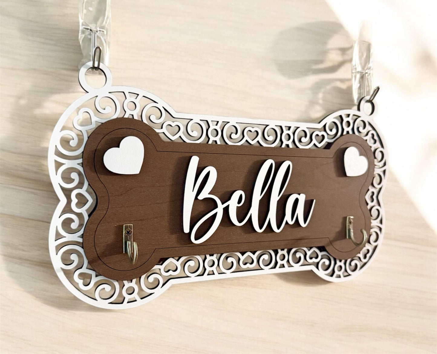 Personalized Dog Leash Holder, 2 Layer Plywood with Heart Frame Design & 2 Hooks, Custom Dog Name Wall Organizer