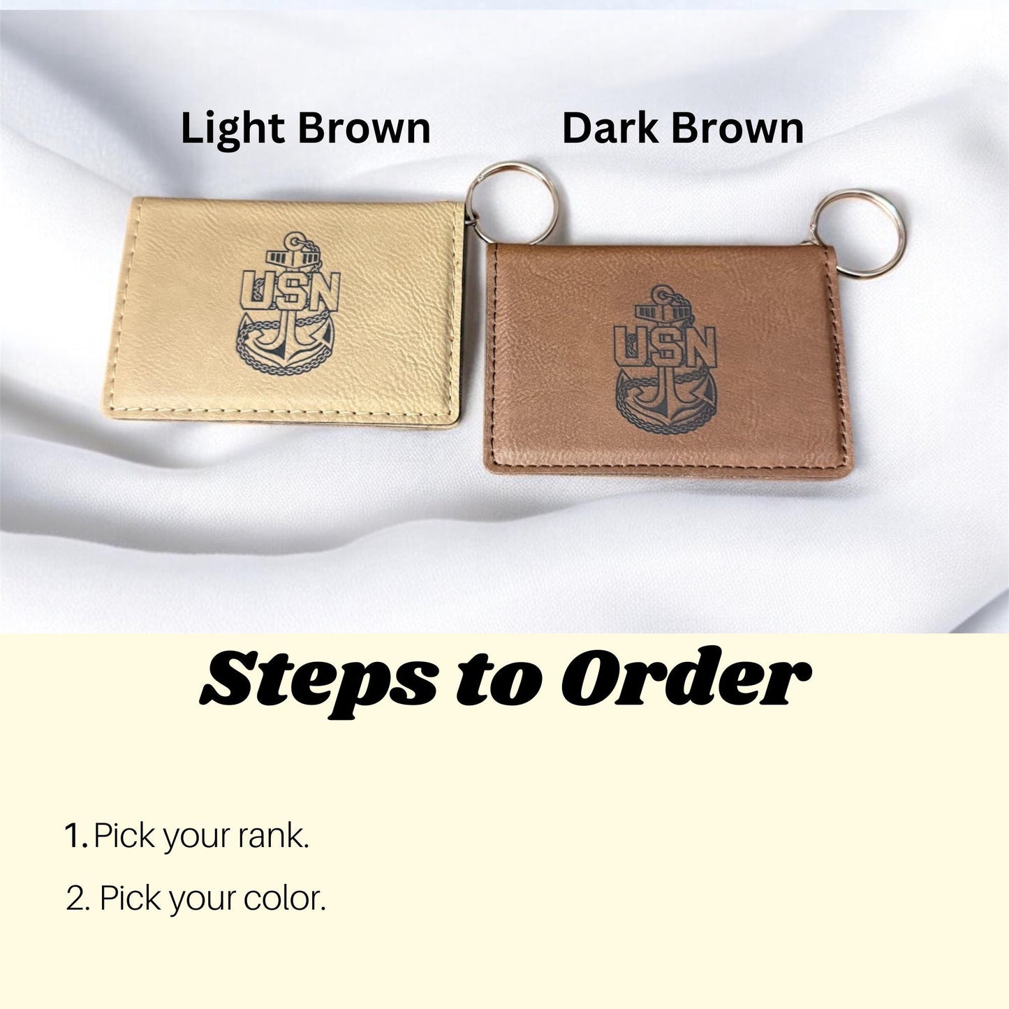 Navy Chief ID Card Holder Key Chain, Custom Engraved Leatherette, Personalized Military Gift for Chief's and Sailors.