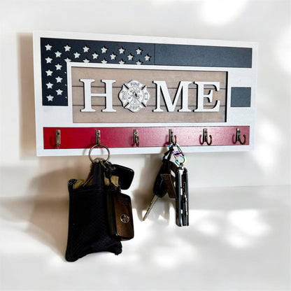 USA Flag Firefighter Fathers Day Key Holder Wall Mount, Black Stripes Thin Red Line, Patriotic Wall Decor, American Flag Firefighter Logo
