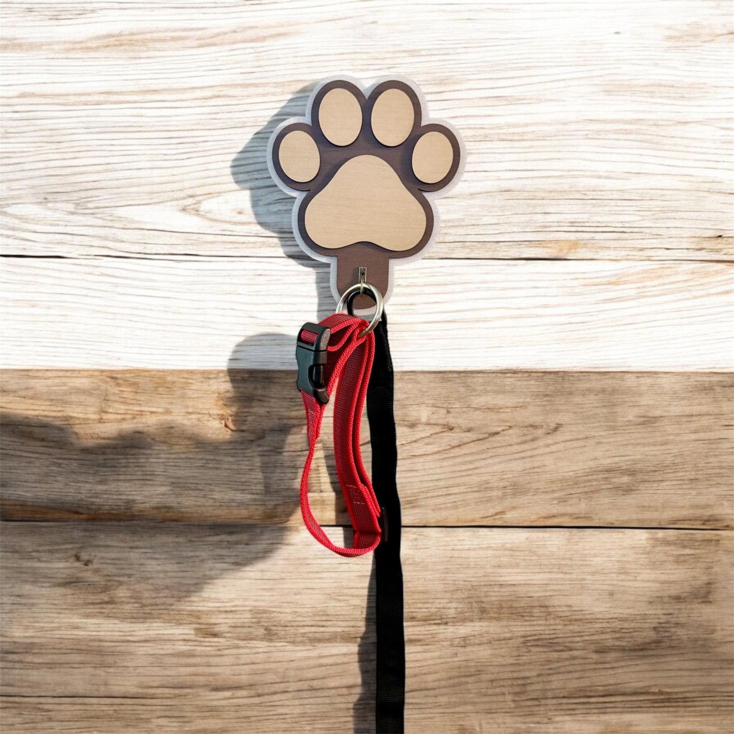 Dog Paw Leash Holder, 4 Layer Maple Plywood Wall Mount with Hook for Leashes, Collars & Bags, Pre Drilled, Linen, Oak, and Maple Finish.