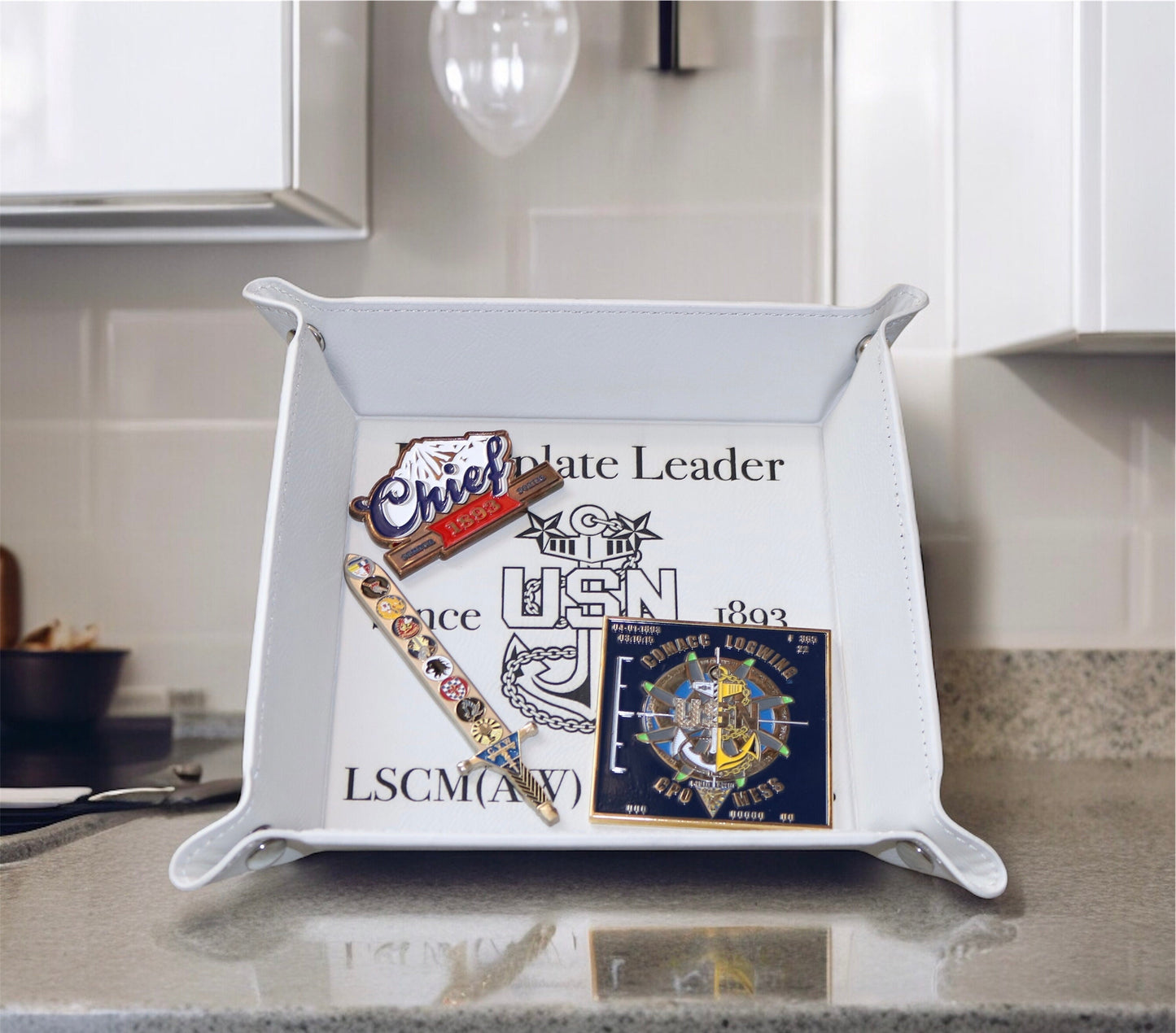 Navy Chief Catchall Tray, Personalized Leatherette Snap Up Valet Tray with Silver Snaps, Senior Chief, Master Chief, Custom Rank and Name