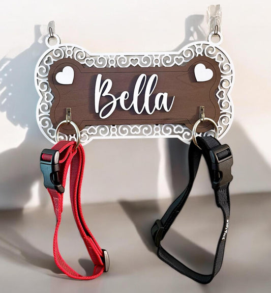 Personalized Dog Leash Holder, 2 Layer Plywood with Heart Frame Design & 2 Hooks, Custom Dog Name Wall Organizer