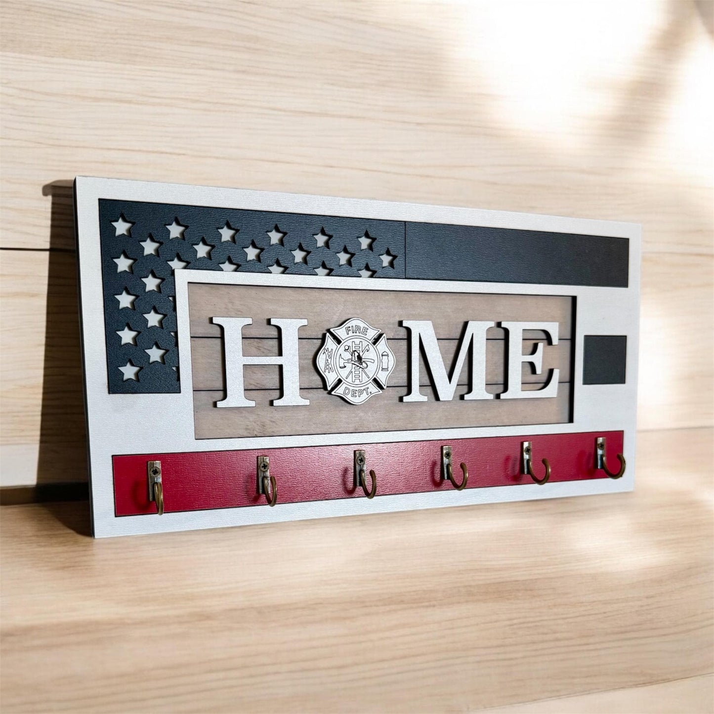 USA Flag Firefighter Fathers Day Key Holder Wall Mount, Black Stripes Thin Red Line, Patriotic Wall Decor, American Flag Firefighter Logo