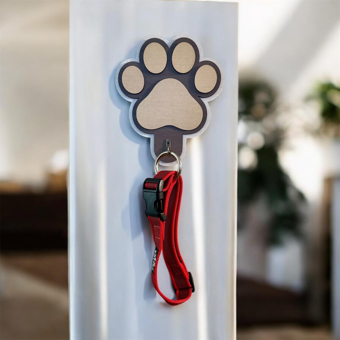 Dog Paw Leash Holder, 4 Layer Maple Plywood Wall Mount with Hook for Leashes, Collars & Bags, Pre Drilled, Linen, Oak, and Maple Finish.