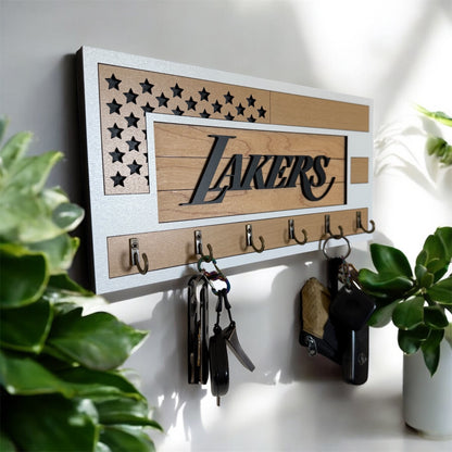 Black and wood grain Lakers key holder
