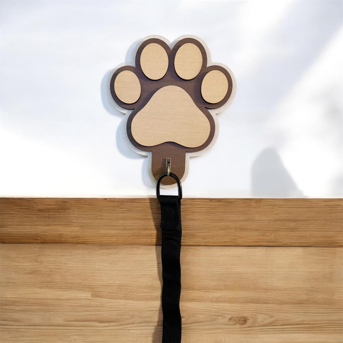 Dog Paw Leash Holder, 4 Layer Maple Plywood Wall Mount with Hook for Leashes, Collars & Bags, Pre Drilled, Linen, Oak, and Maple Finish.