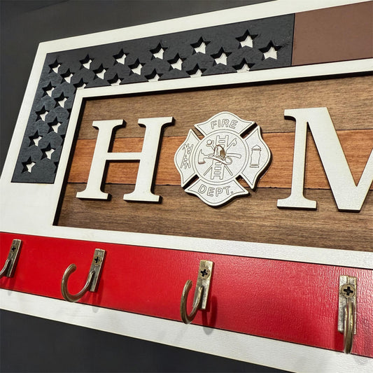 USA Flag Firefighter Key Holder Wall Mount, Rustic Patriotic Wall Decor for First Responders, American Flag with Firefighter Logo