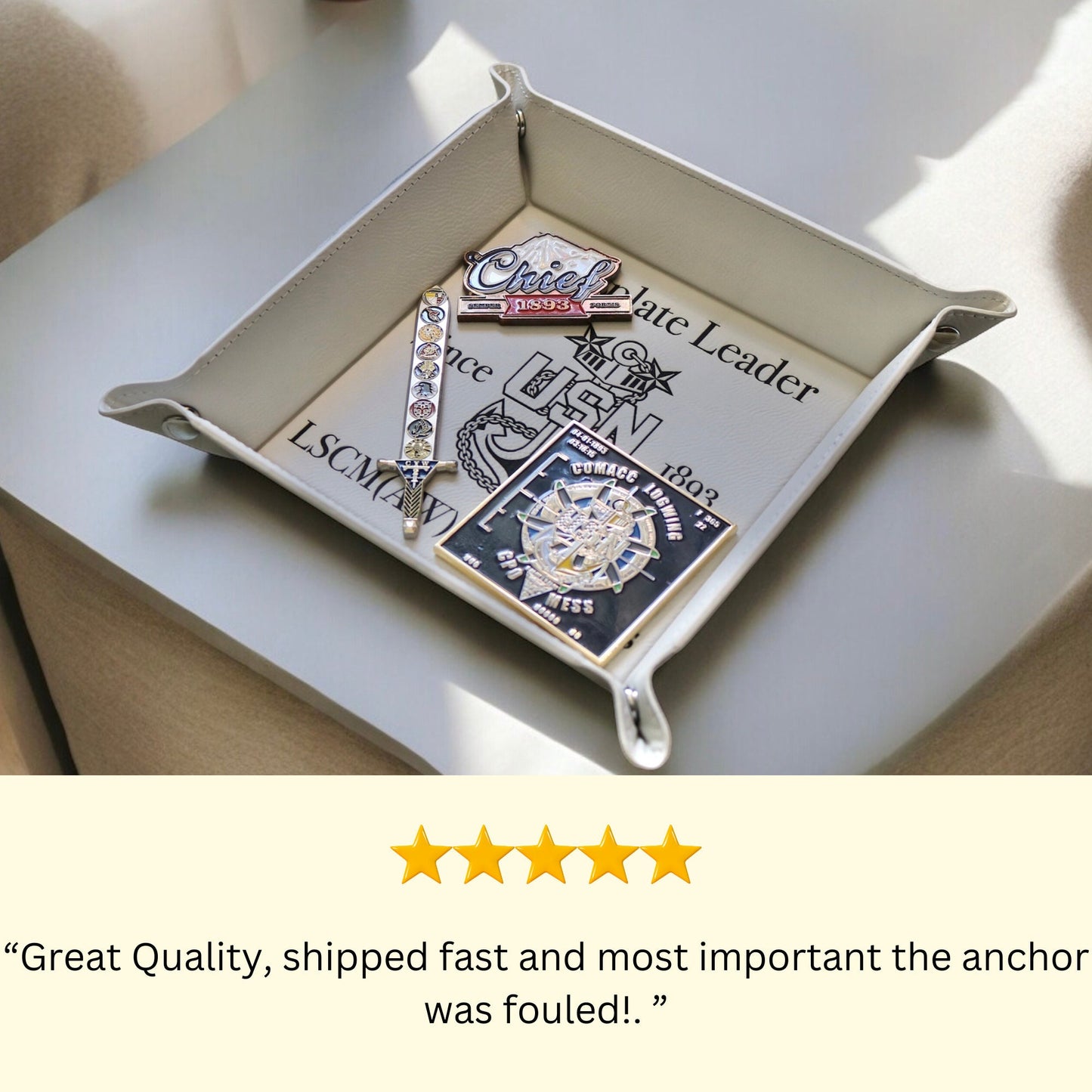 Navy Chief Catchall Tray, Personalized Leatherette Snap Up Valet Tray with Silver Snaps, Senior Chief, Master Chief, Custom Rank and Name
