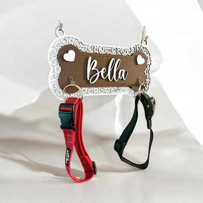 Personalized Dog Leash Holder, 2 Layer Plywood with Heart Frame Design & 2 Hooks, Custom Dog Name Wall Organizer