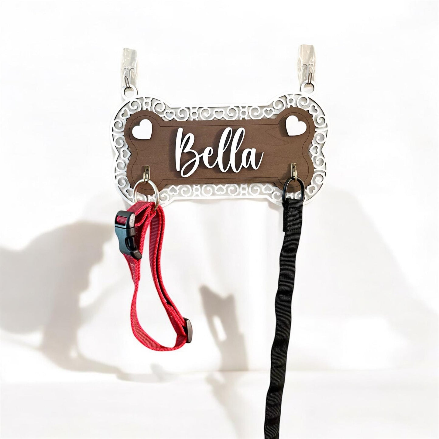 Personalized Dog Leash Holder, 2 Layer Plywood with Heart Frame Design & 2 Hooks, Custom Dog Name Wall Organizer