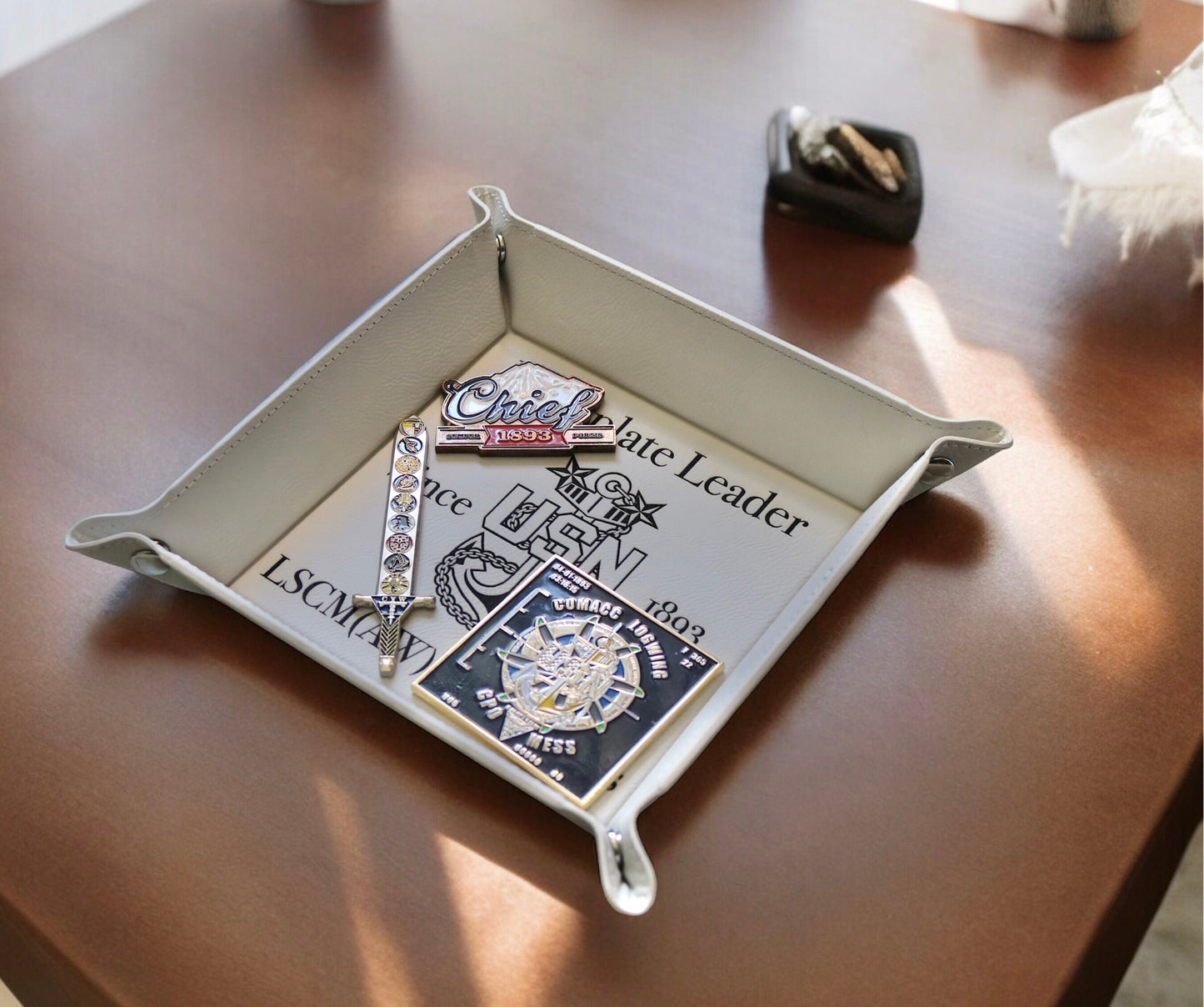 Navy Chief Catchall Tray, Personalized Leatherette Snap Up Valet Tray with Silver Snaps, Senior Chief, Master Chief, Custom Rank and Name