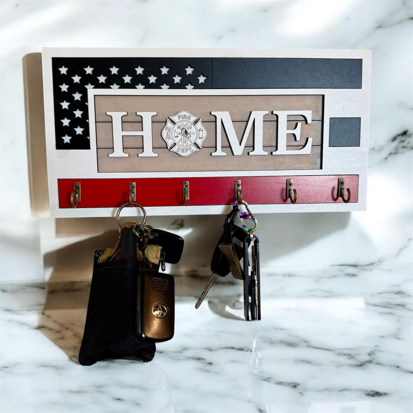 USA Flag Firefighter Fathers Day Key Holder Wall Mount, Black Stripes Thin Red Line, Patriotic Wall Decor, American Flag Firefighter Logo