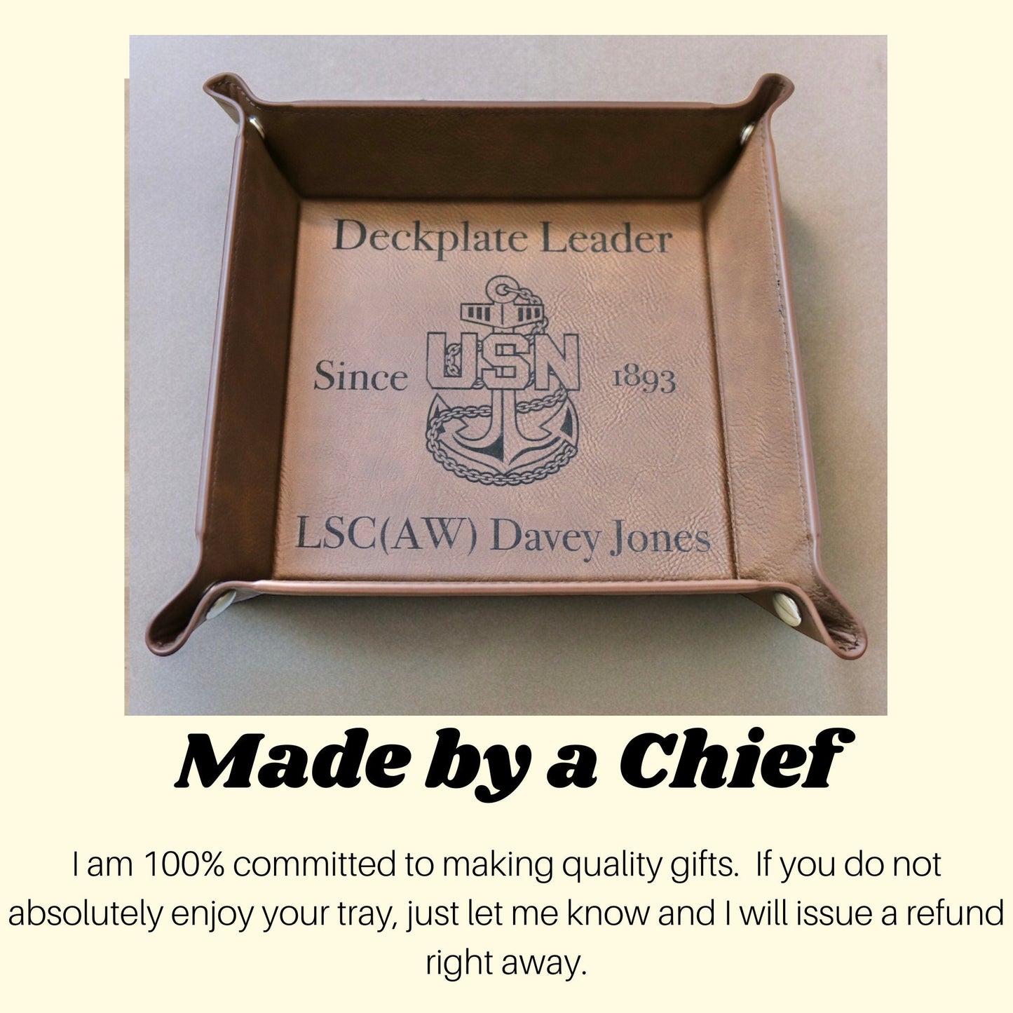 Navy Chief Catchall Tray, Personalized Leatherette Snap Up Valet Tray with Silver Snaps, Senior Chief, Master Chief, Custom Rank and Name