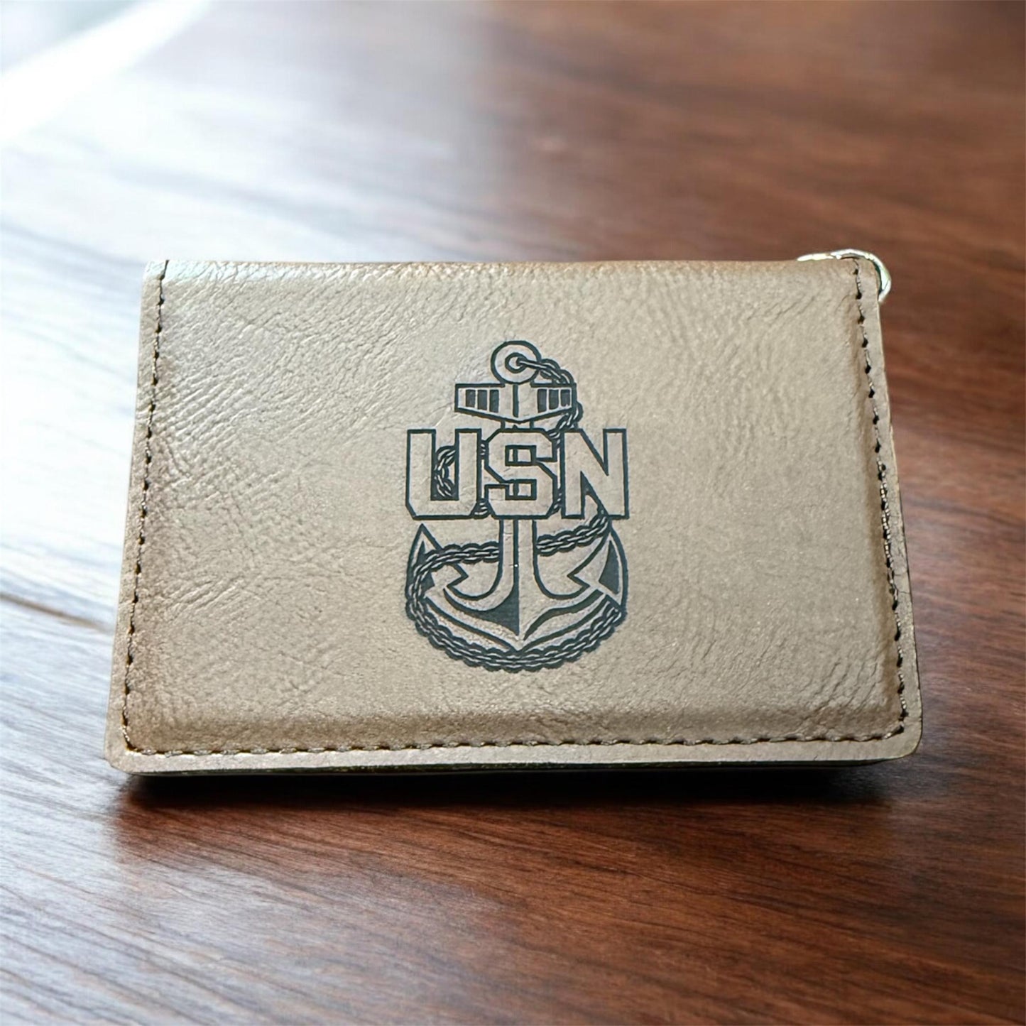 Navy Chief ID Card Holder Key Chain, Custom Engraved Leatherette, Personalized Military Gift for Chief's and Sailors.
