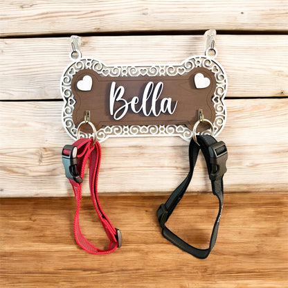 Personalized Dog Leash Holder, 2 Layer Plywood with Heart Frame Design & 2 Hooks, Custom Dog Name Wall Organizer