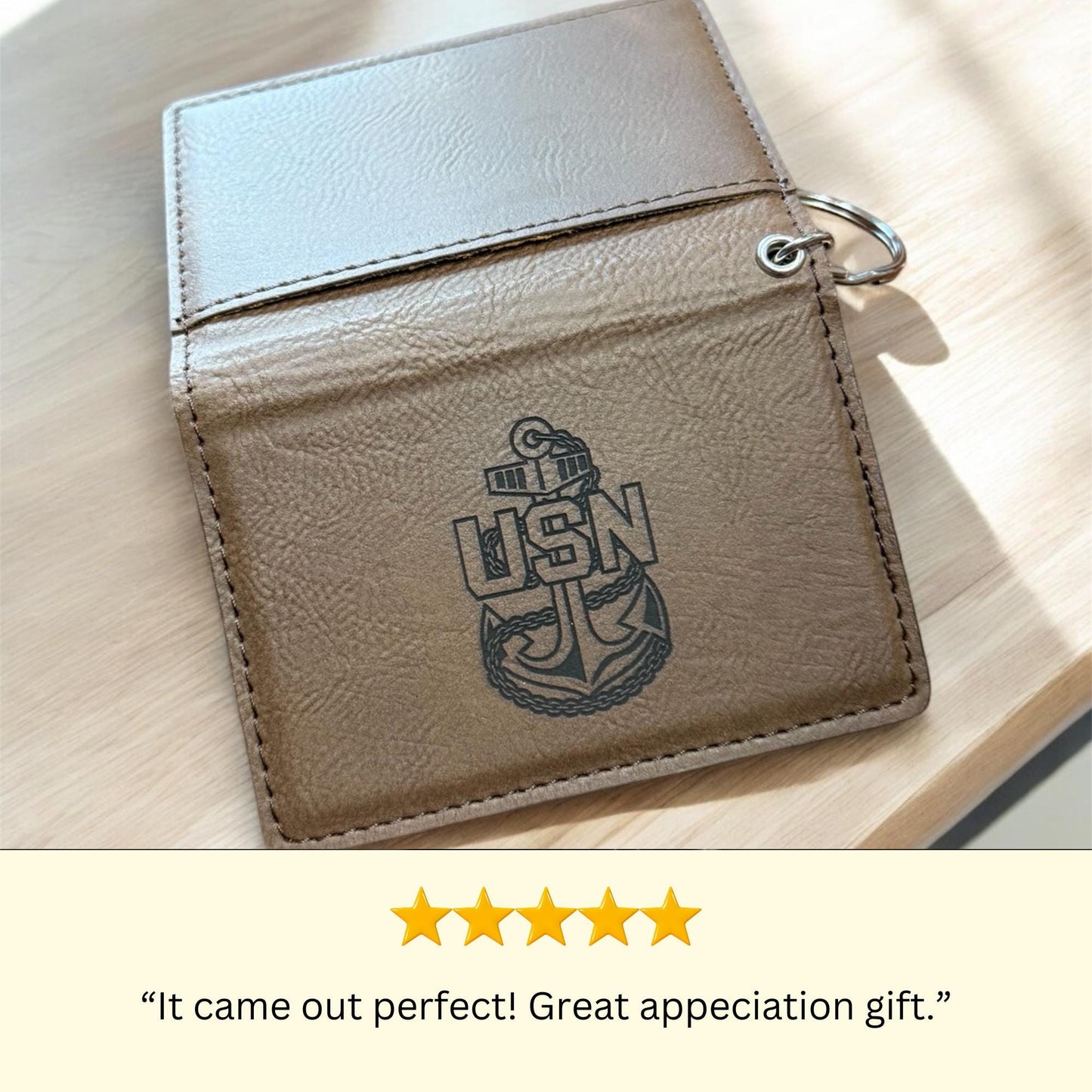 Navy Chief ID Card Holder Key Chain, Custom Engraved Leatherette, Personalized Military Gift for Chief's and Sailors.