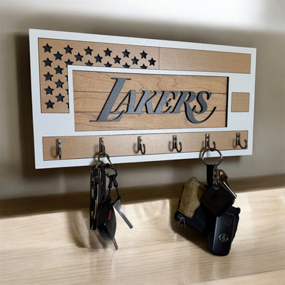 Black and wood grain Lakers key holder