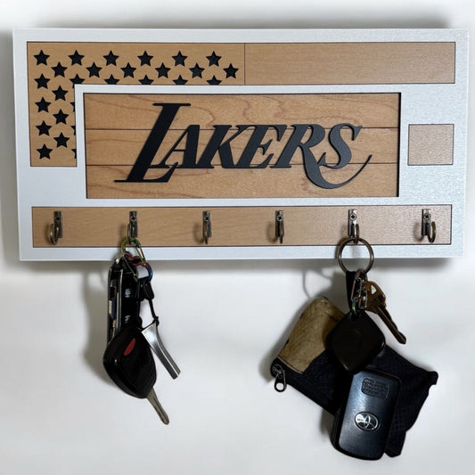 Black and wood grain Lakers key holder
