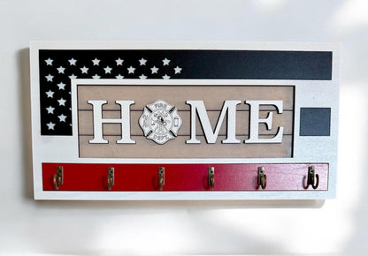 USA Flag Firefighter Fathers Day Key Holder Wall Mount, Black Stripes Thin Red Line, Patriotic Wall Decor, American Flag Firefighter Logo