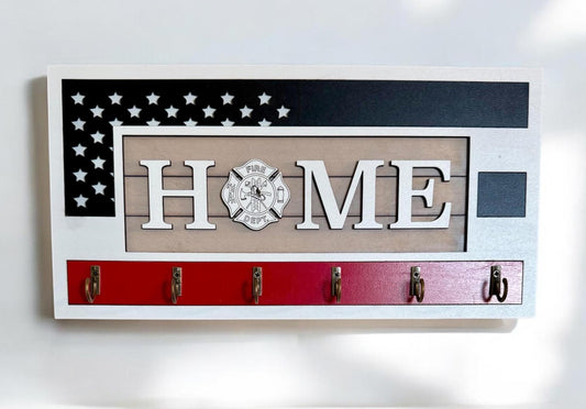 USA Flag Firefighter Fathers Day Key Holder Wall Mount, Black Stripes Thin Red Line, Patriotic Wall Decor, American Flag Firefighter Logo