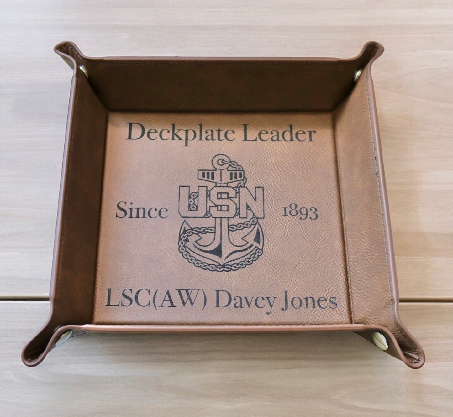 Navy Chief Catchall Tray, Personalized Leatherette Snap Up Valet Tray with Silver Snaps, Senior Chief, Master Chief, Custom Rank and Name