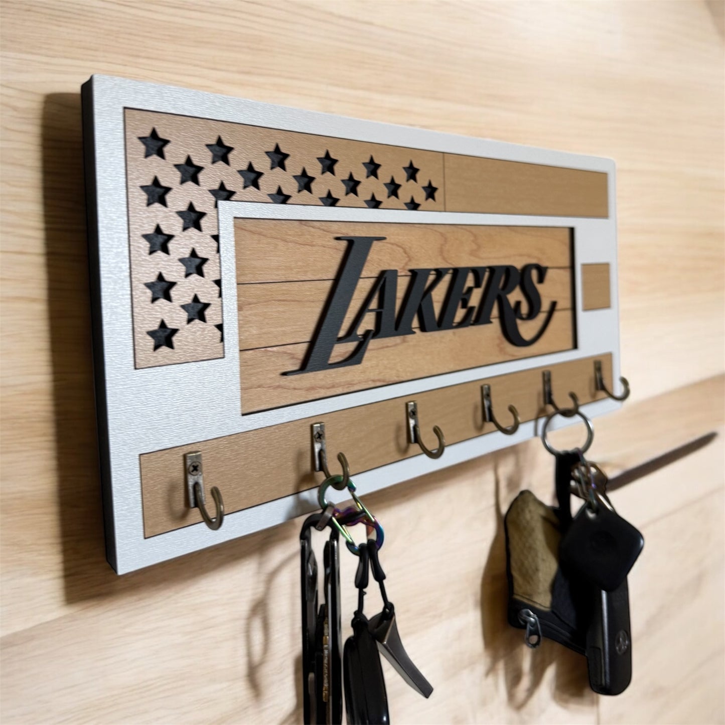 Black and wood grain Lakers key holder