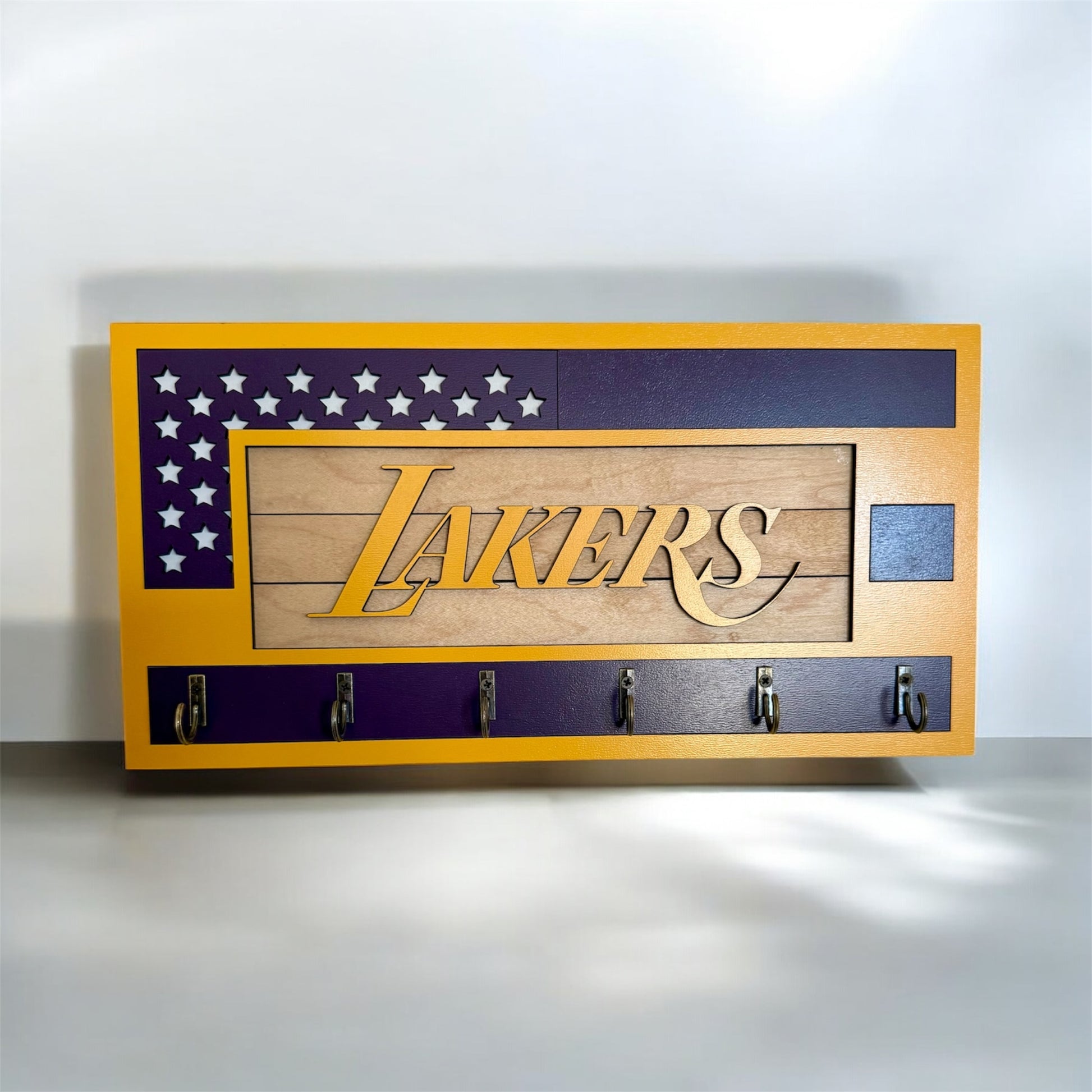 Los Angeles Lakers purple and yellow wall mounted key holder with 6 hooks