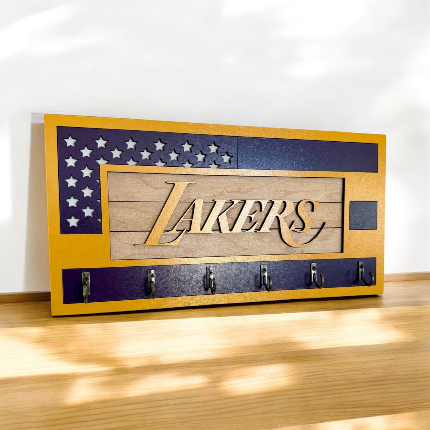 Los Angeles Lakers purple and yellow wall mounted key holder with 6 hooks