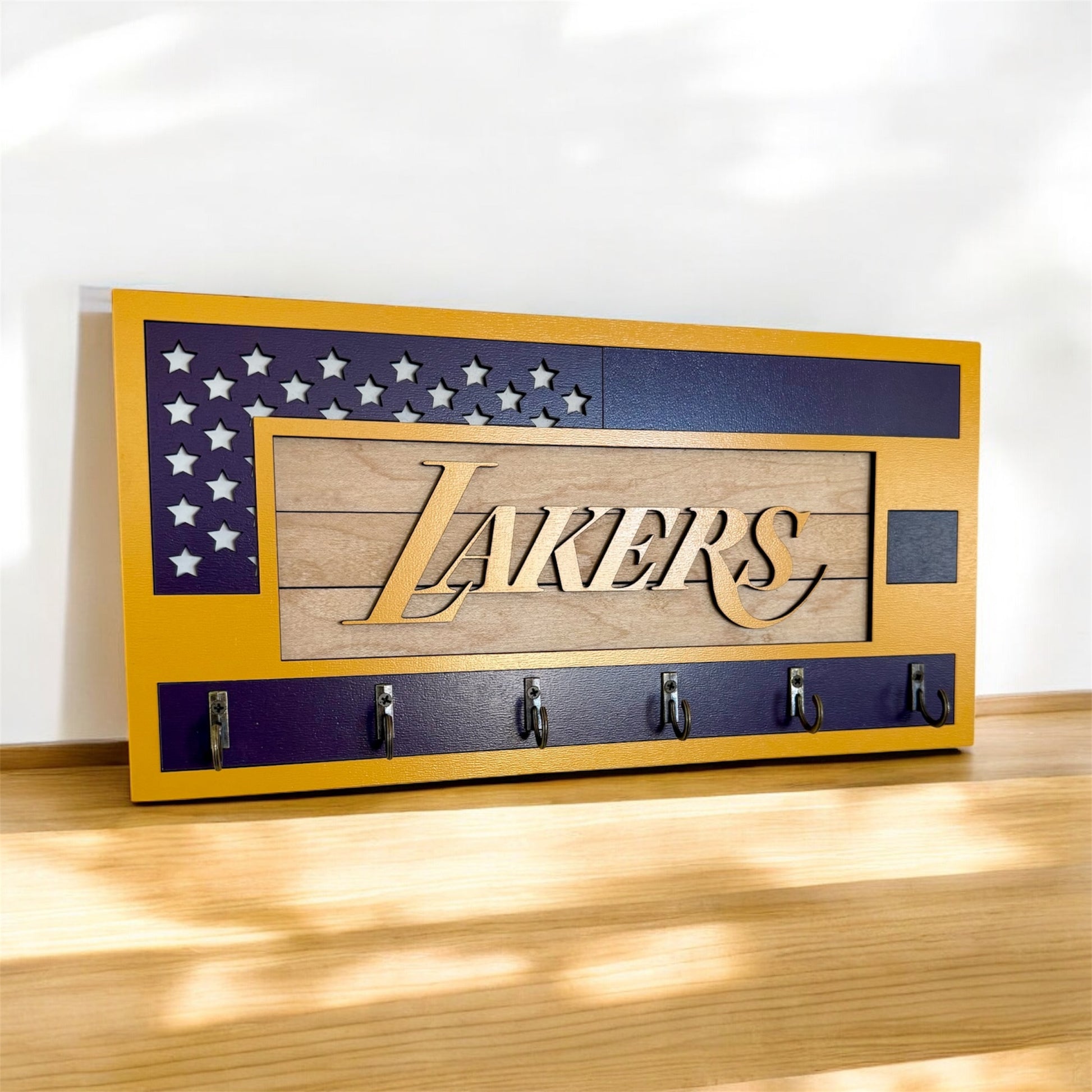 Los Angeles Lakers purple and yellow wall mounted key holder with 6 hooks