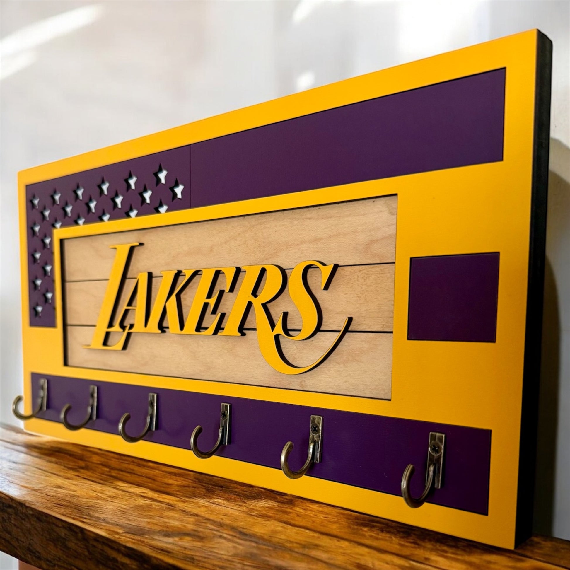 Los Angeles Lakers purple and yellow wall mounted key holder with 6 hooks