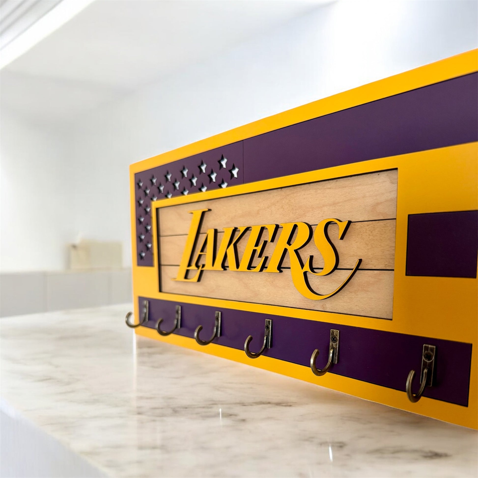 Los Angeles Lakers purple and yellow wall mounted key holder with 6 hooks