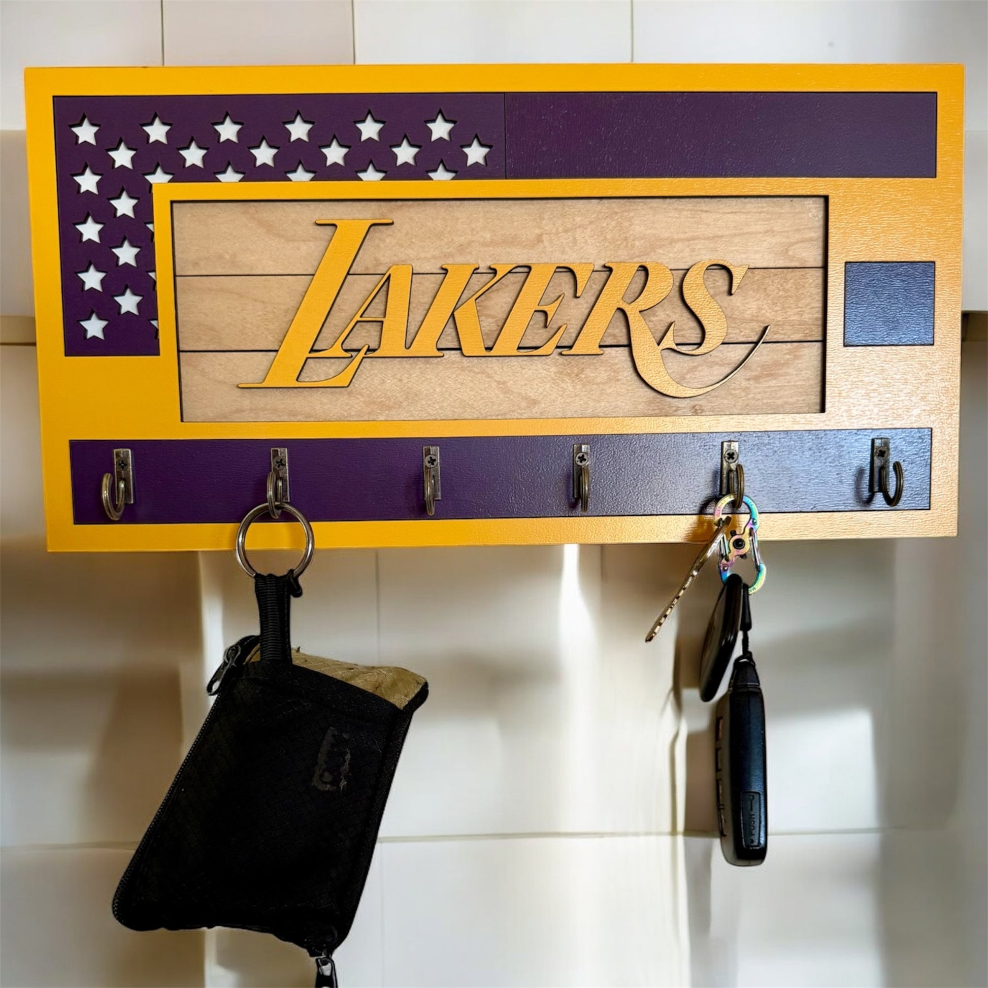 Los Angeles Lakers purple and yellow wall mounted key holder with 6 hooks