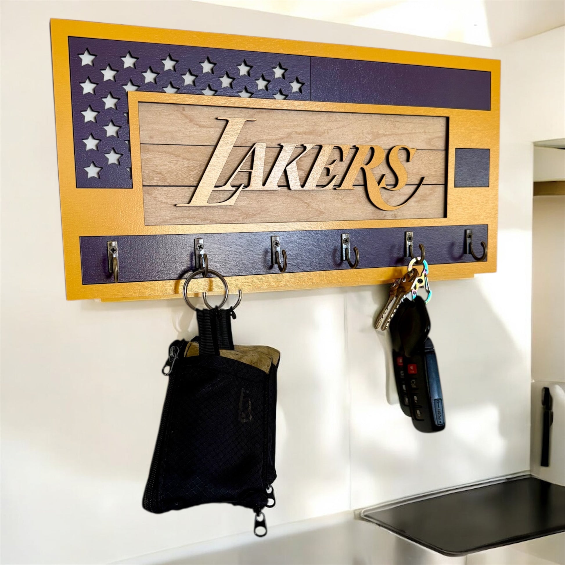 Los Angeles Lakers purple and yellow wall mounted key holder with 6 hooks