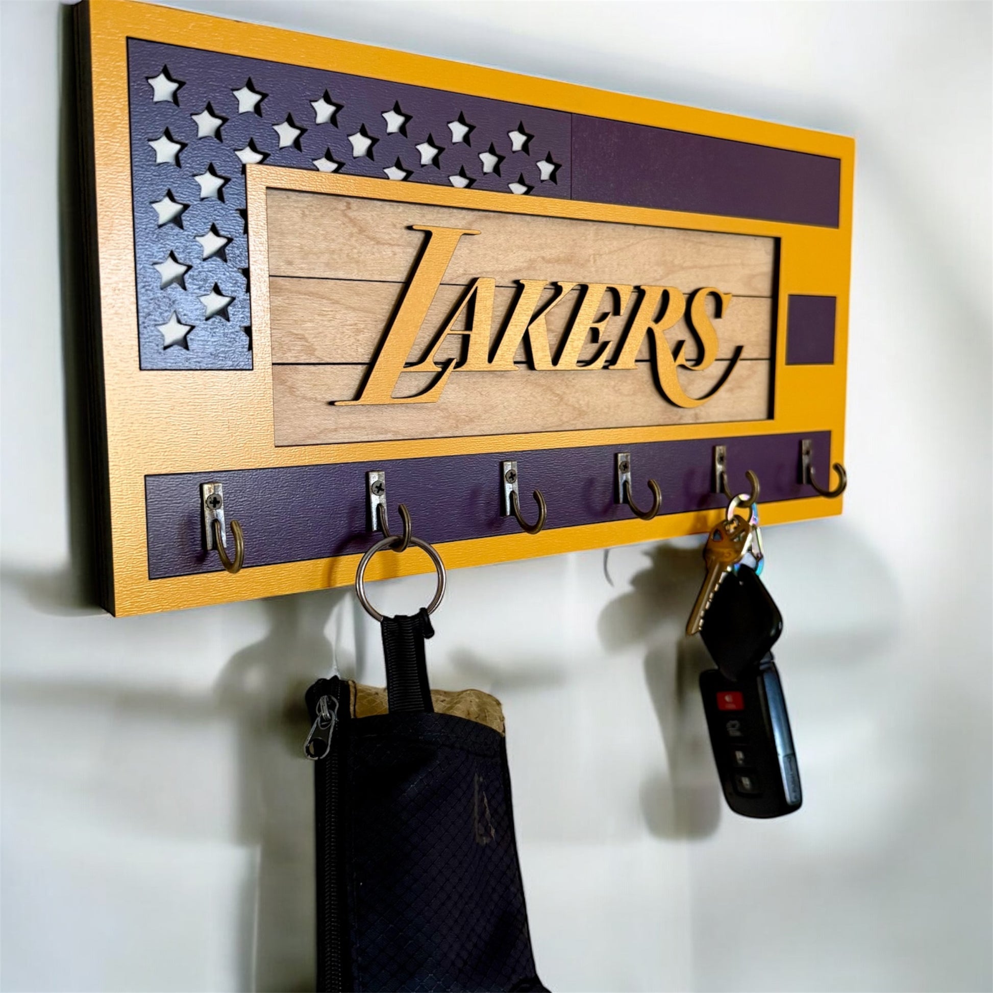 Los Angeles Lakers purple and yellow wall mounted key holder with 6 hooks