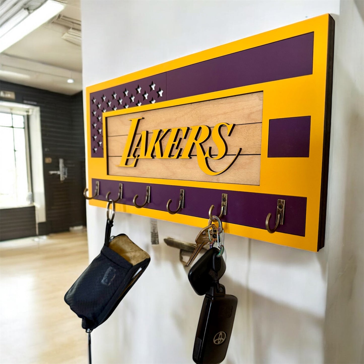 Los Angeles Lakers purple and yellow wall mounted key holder with 6 hooks