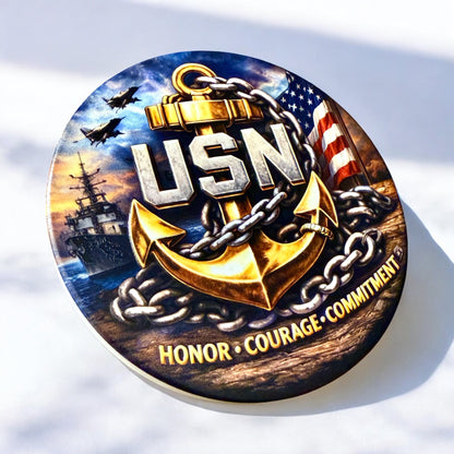 US Navy Chief Ceramic Coasters | Raised 3D UV Print | CPO Anchor Up | Honor Courage Commitment | Military Gift