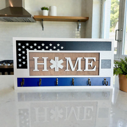 EMS Thin White Line Key Holder | First Responder Key Rack | Star of Life Wall Organizer | EMS Gift | Paramedic Decor | Laser Cut Wooden Key Hook | Handmade