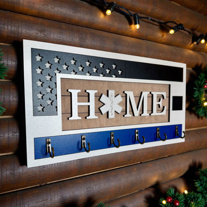 EMS Thin White Line Key Holder | First Responder Key Rack | Star of Life Wall Organizer | EMS Gift | Paramedic Decor | Laser Cut Wooden Key Hook | Handmade