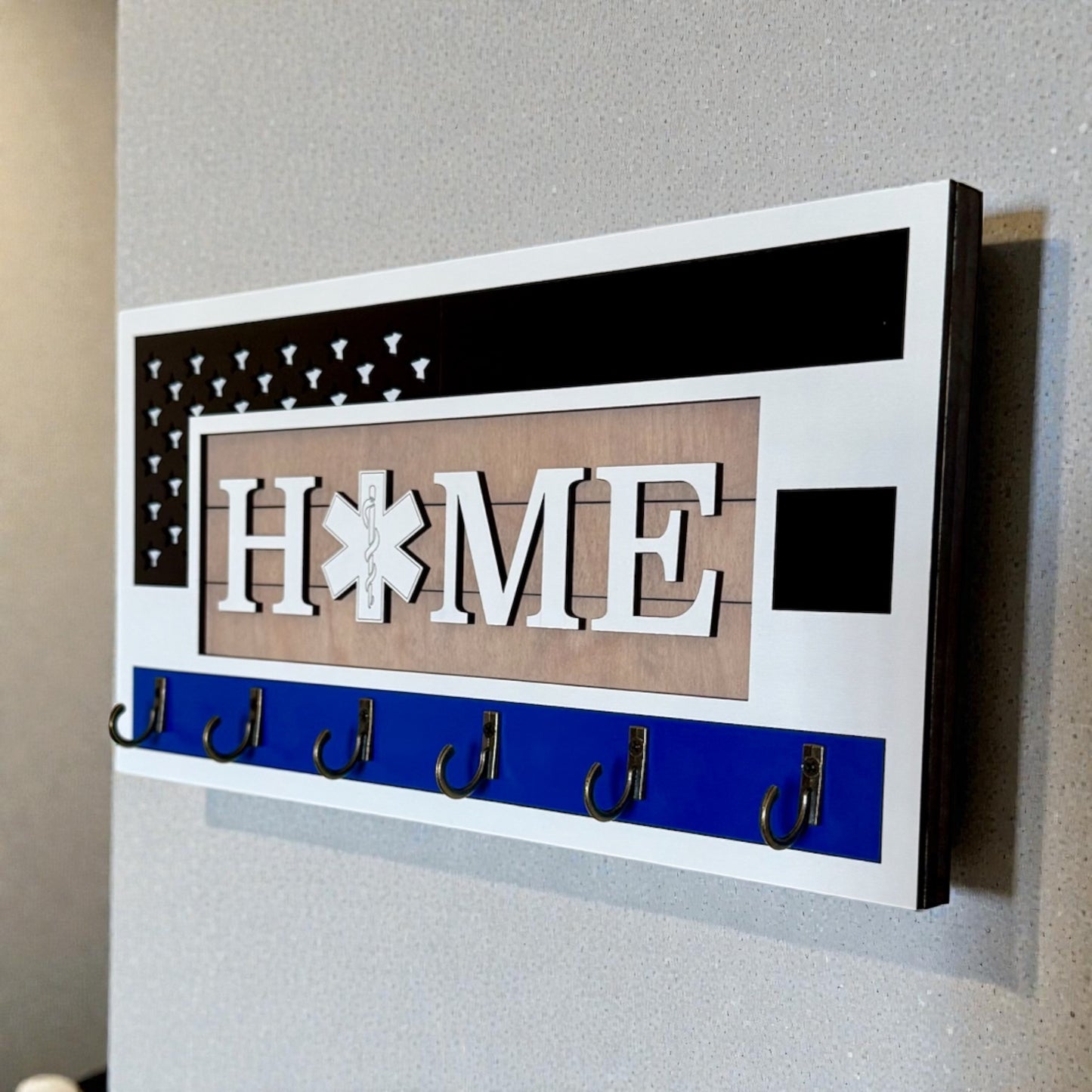 EMS Thin White Line Key Holder | First Responder Key Rack | Star of Life Wall Organizer | EMS Gift | Paramedic Decor | Laser Cut Wooden Key Hook | Handmade