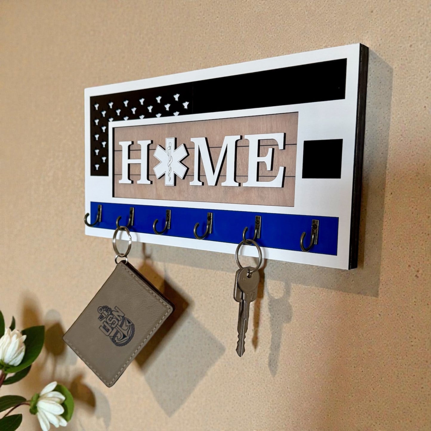 EMS Thin White Line Key Holder | First Responder Key Rack | Star of Life Wall Organizer | EMS Gift | Paramedic Decor | Laser Cut Wooden Key Hook | Handmade