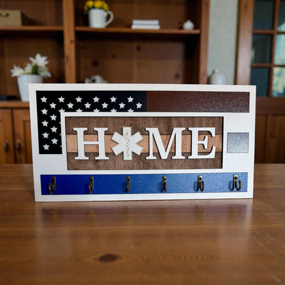 EMS Thin White Line Key Holder | First Responder Key Rack | Star of Life Wall Organizer | EMS Gift | Paramedic Decor | Laser Cut Wooden Key Hook | Handmade