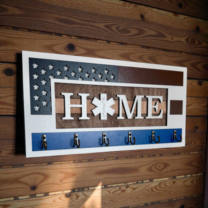 EMS Thin White Line Key Holder | First Responder Key Rack | Star of Life Wall Organizer | EMS Gift | Paramedic Decor | Laser Cut Wooden Key Hook | Handmade