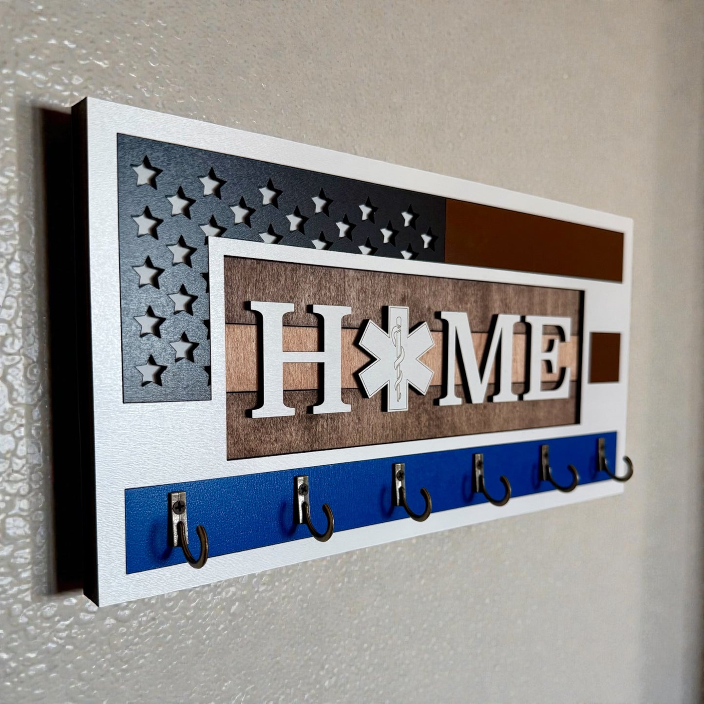 EMS Thin White Line Key Holder | First Responder Key Rack | Star of Life Wall Organizer | EMS Gift | Paramedic Decor | Laser Cut Wooden Key Hook | Handmade