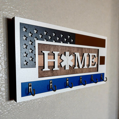 EMS Thin White Line Key Holder | First Responder Key Rack | Star of Life Wall Organizer | EMS Gift | Paramedic Decor | Laser Cut Wooden Key Hook | Handmade