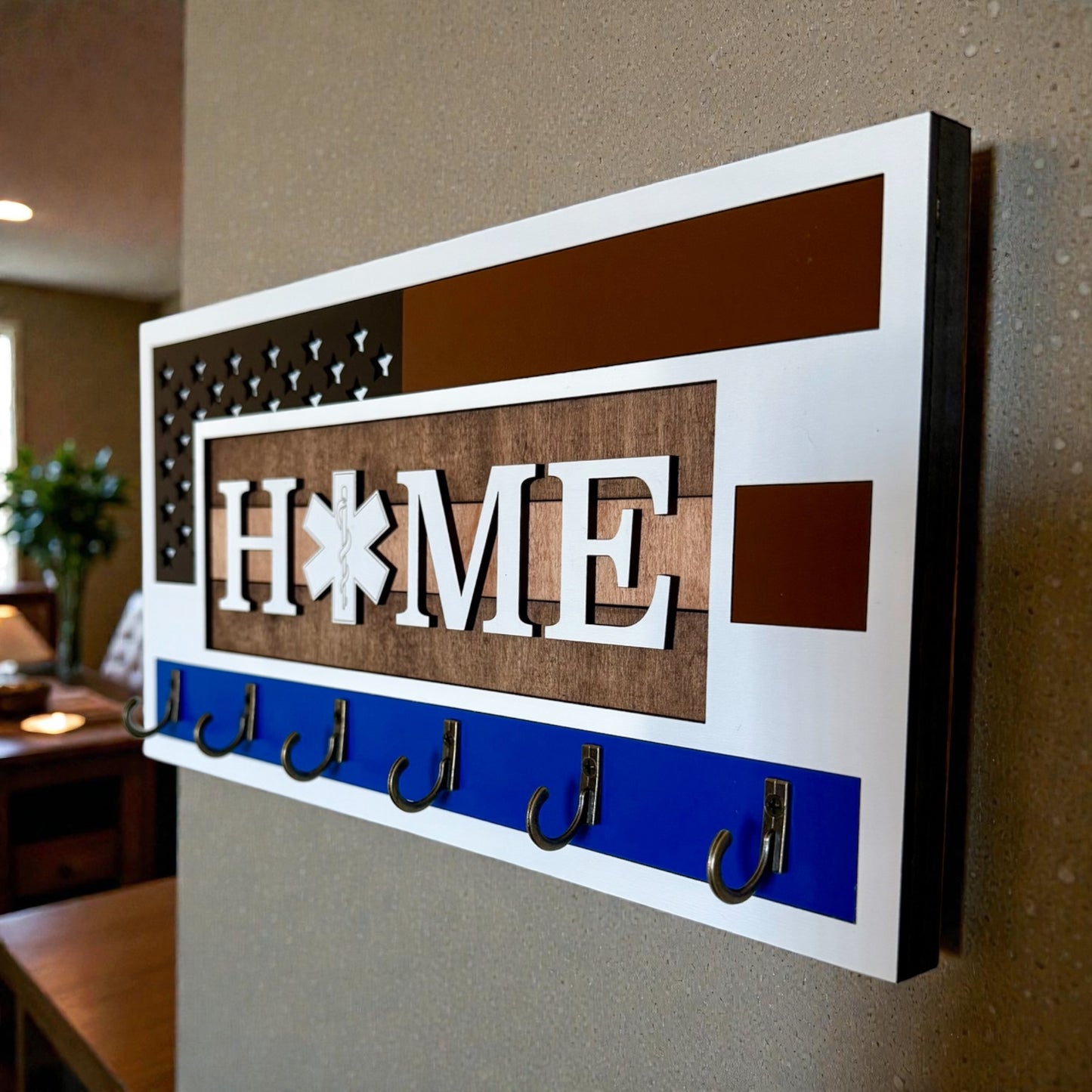 EMS Thin White Line Key Holder | First Responder Key Rack | Star of Life Wall Organizer | EMS Gift | Paramedic Decor | Laser Cut Wooden Key Hook | Handmade
